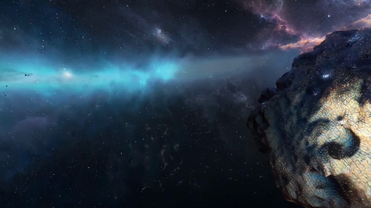 Stor asteroid som driver genom djupa rymden med nebulosor