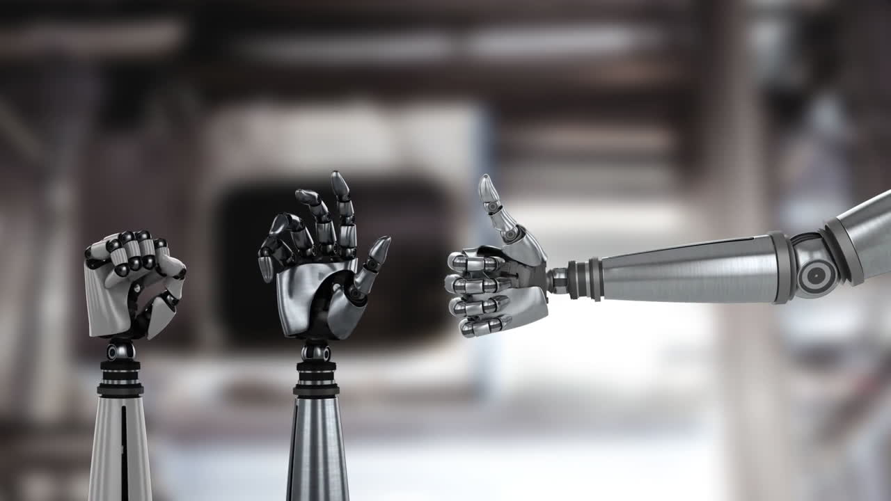 manos robóticas y un fondo industrial borroso