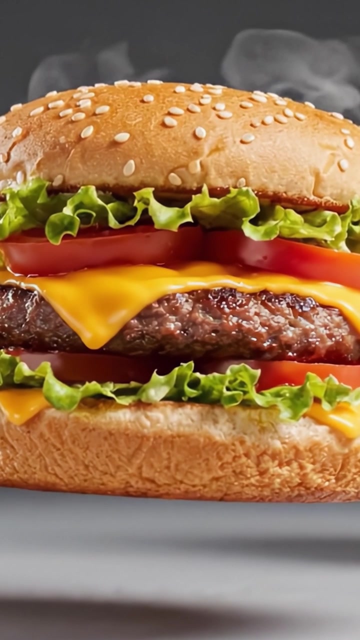 Cheeseburger delizioso e succoso con ingredienti freschi in stile gourmet, perfettamente stratificato con lattuga, pomodori e formaggio fuso dorato su un panino ai semi di sesamo