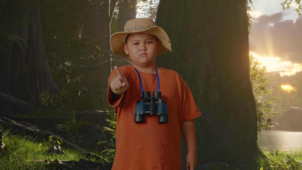 niño asiático con un sombrero y binoculares apuntando su dedo hacia usted y sacudiendo la cabeza agitando el dedo índice evitar oferta mientras explora la naturaleza del bosque. niño investigador que no muestra ningún gesto