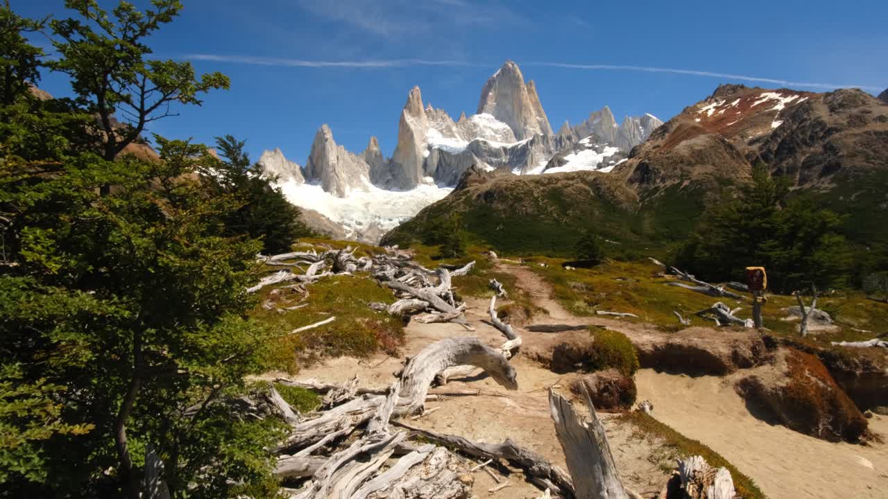 paesaggio del monte fitz roy, estate in patagonia, campo panoramico verde con picco di montagna innevato, geografia naturale di el chalten, argentina