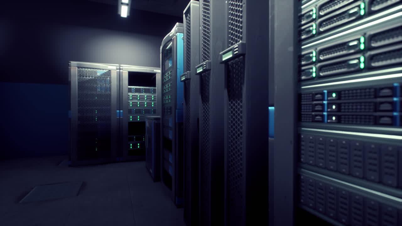 Shot of Corridor in Working Data Center Full of Rack Servers and Supercomputers
