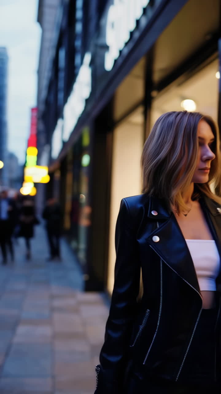 Donna che fa shopping in città di notte