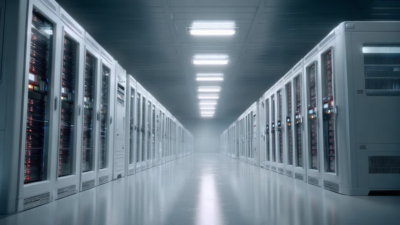 A Seamless Corridor of High-Tech Servers Illuminated by Bright Lights, Showcasing a Modern Data Center Environment with Rows of Equipment