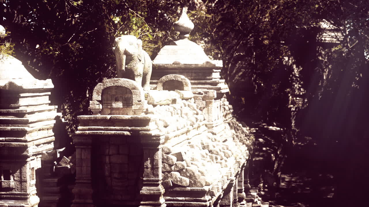 Gamle stentempler med elefant-skulpturer i Cambodjas jungle