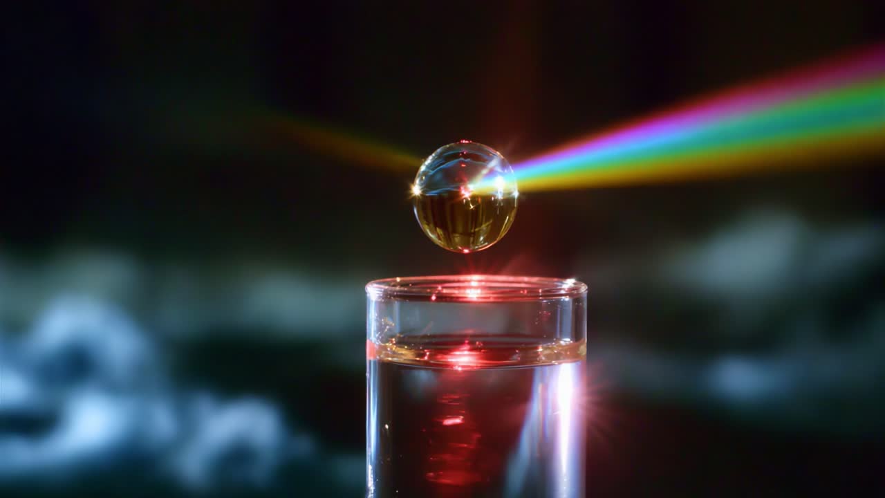 A Stunning Display of Light and Water: Captivating Moments of a Water Droplet Reflecting a Vivid Spectrum of Colors from a Glass, Showcasing the Beauty of Physics and Optical Phenomena