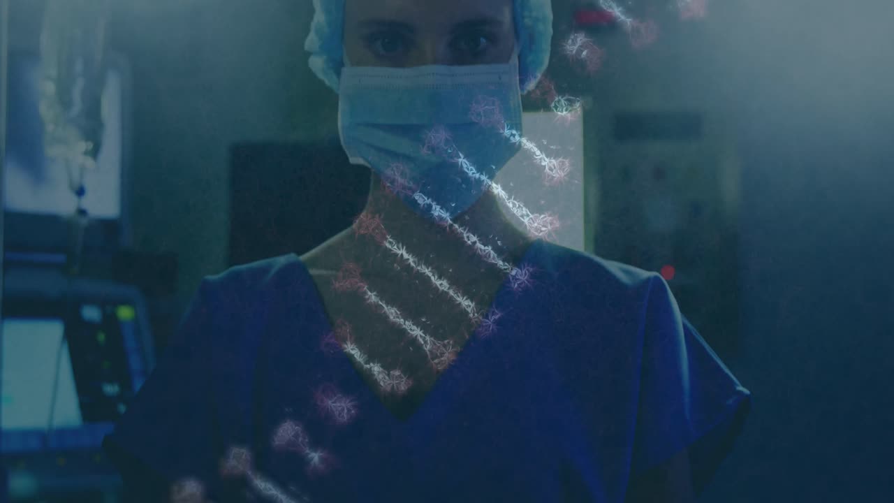 Animazione di filamento di DNA su chirurgo donna caucasica con mascherina