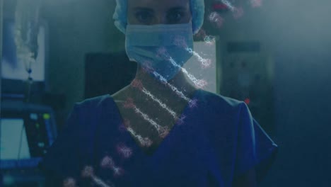 Animation-of-dna-strand-over-female-caucasian-surgeon-with-face-mask