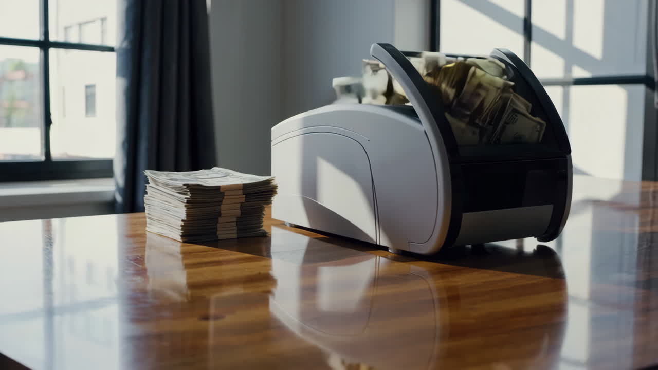 Money Counting Machine with Stack of Money on Wooden Table
