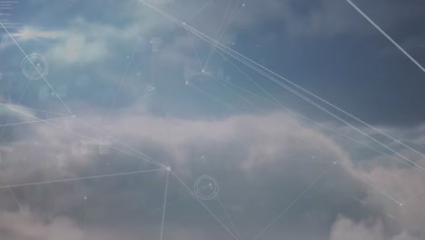 animation of data processing and network of connections over clouds