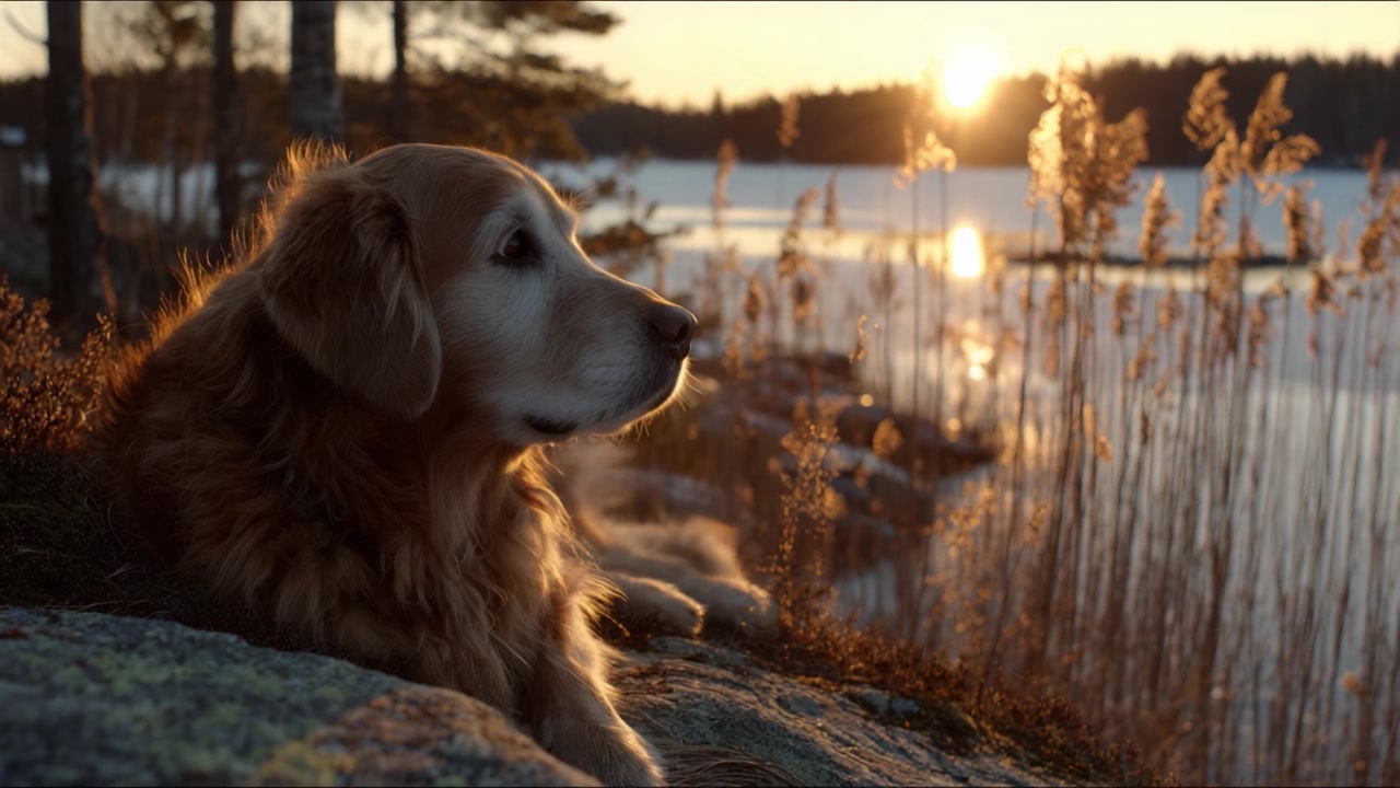 Golden Retriever genießt einen ruhigen Sonnenuntergang am See und fängt Ruhe und natürliche Schönheit in einer friedlichen Umgebung ein, umgeben von hohem Gras