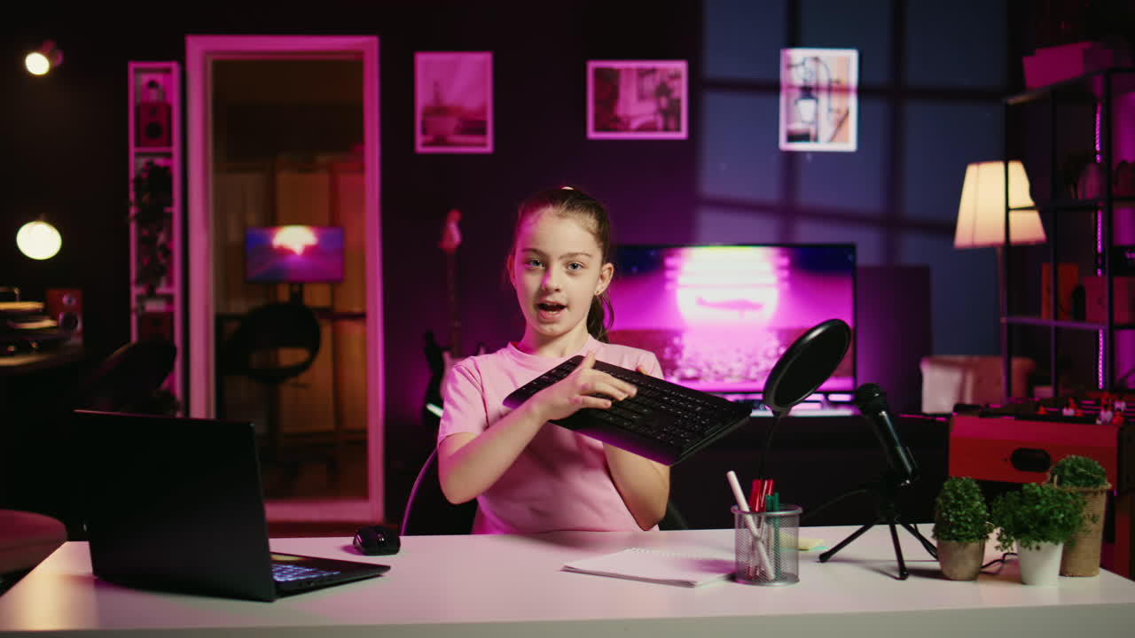 Cute child hosting internet show promotes wireless keyboard and mouse received from sponsoring brand