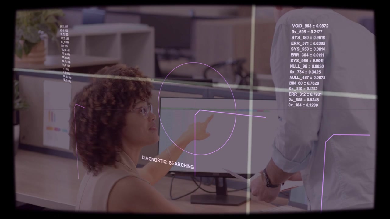 Seated woman pointing at screen while man walking over leaning for fixing, HUD scanning tech data