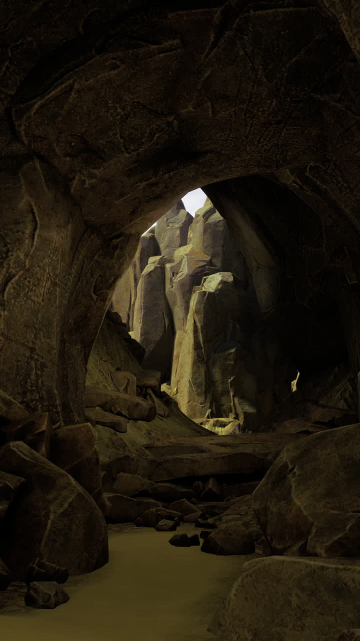 Esplorazione di una grotta buia con luce che illumina formazioni rocciose