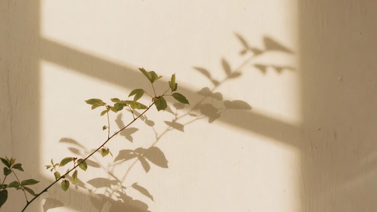 Camera tightening leafy branch shifting into center on textured wall, sunlight revealing leaf buds
