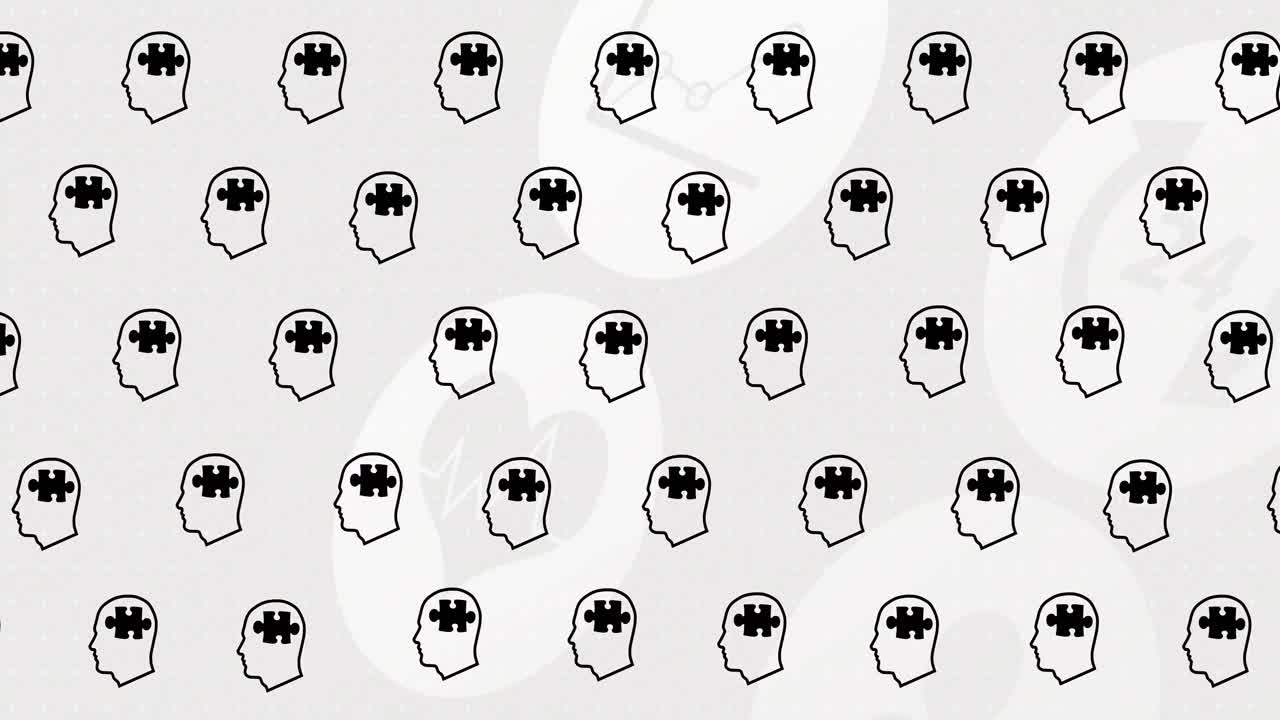 animación de la cabeza con iconos de piezas de rompecabezas sobre iconos médicos