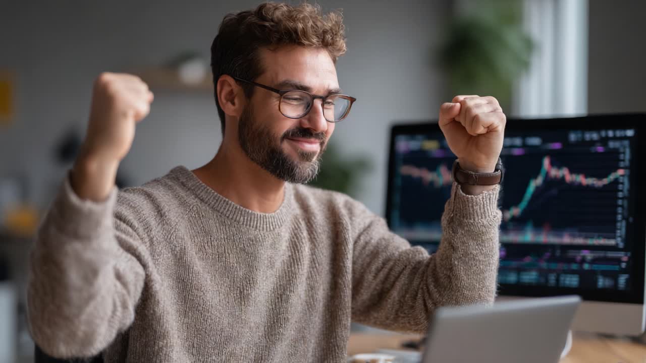 A Celebratory Moment: A Young Man Expressing Joy and Excitement While Engaged in Digital Analysis, Signifying Success in His Financial Endeavors