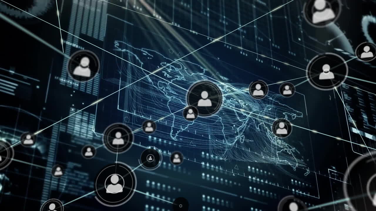 red de conexiones y animación de procesamiento de datos sobre mapas del mundo e íconos de personas