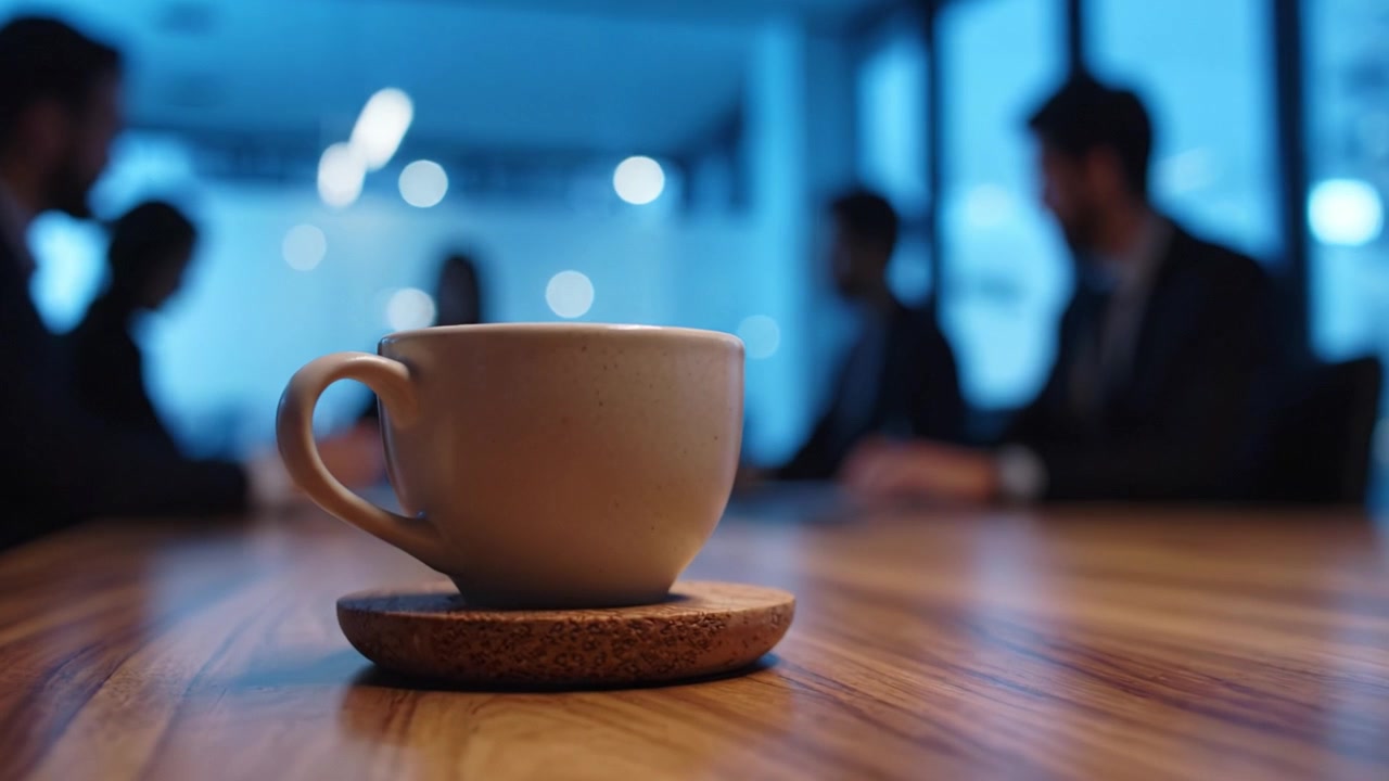 Un momento di caffè sereno: concentrandosi su una tazza con piattino mentre si svolgono discussioni di lavoro in un'atmosfera di sala riunioni moderna