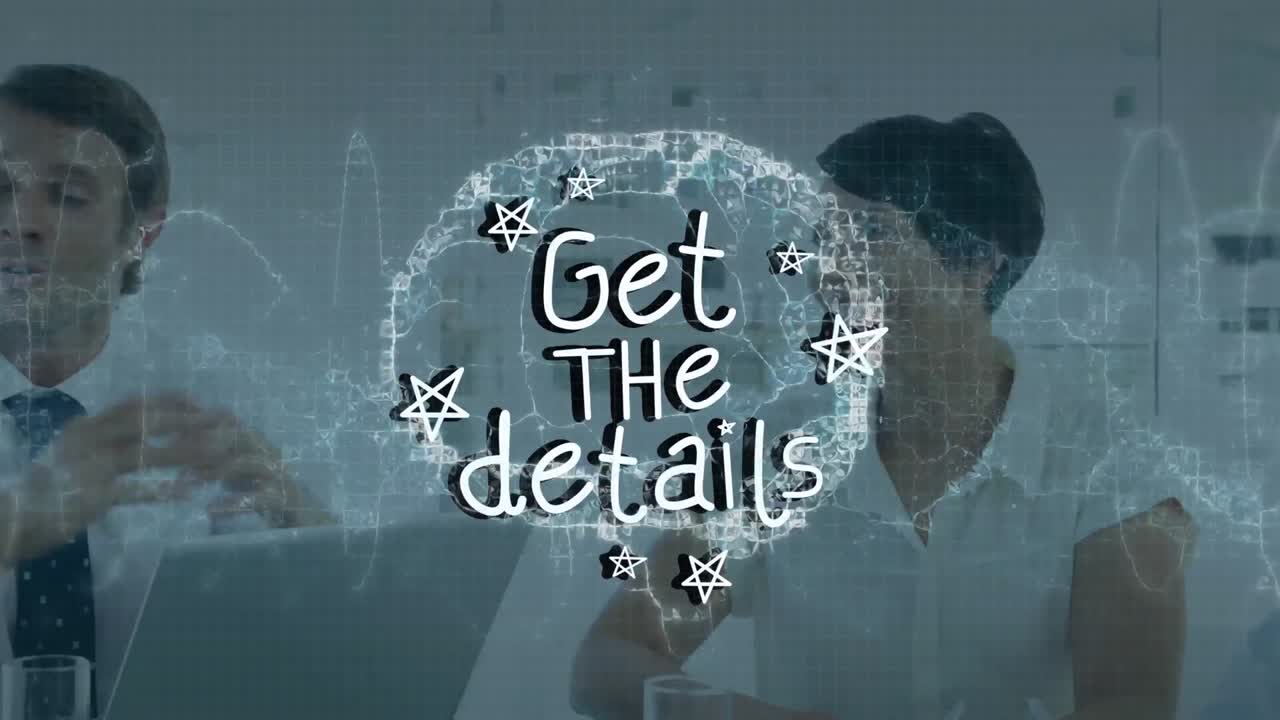 Animation of get the details text over diverse business people in office