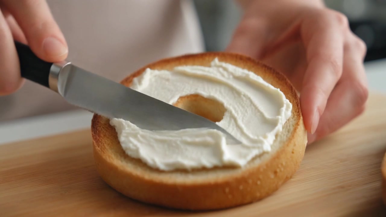 Person Spreading Cream Cheese on a Toasted Bagel