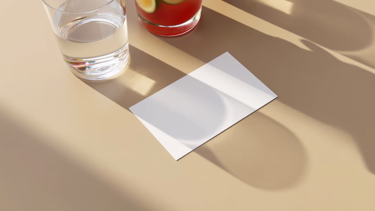 Mockup di biglietto da visita vuoto con bevande e ombre in movimento del sole