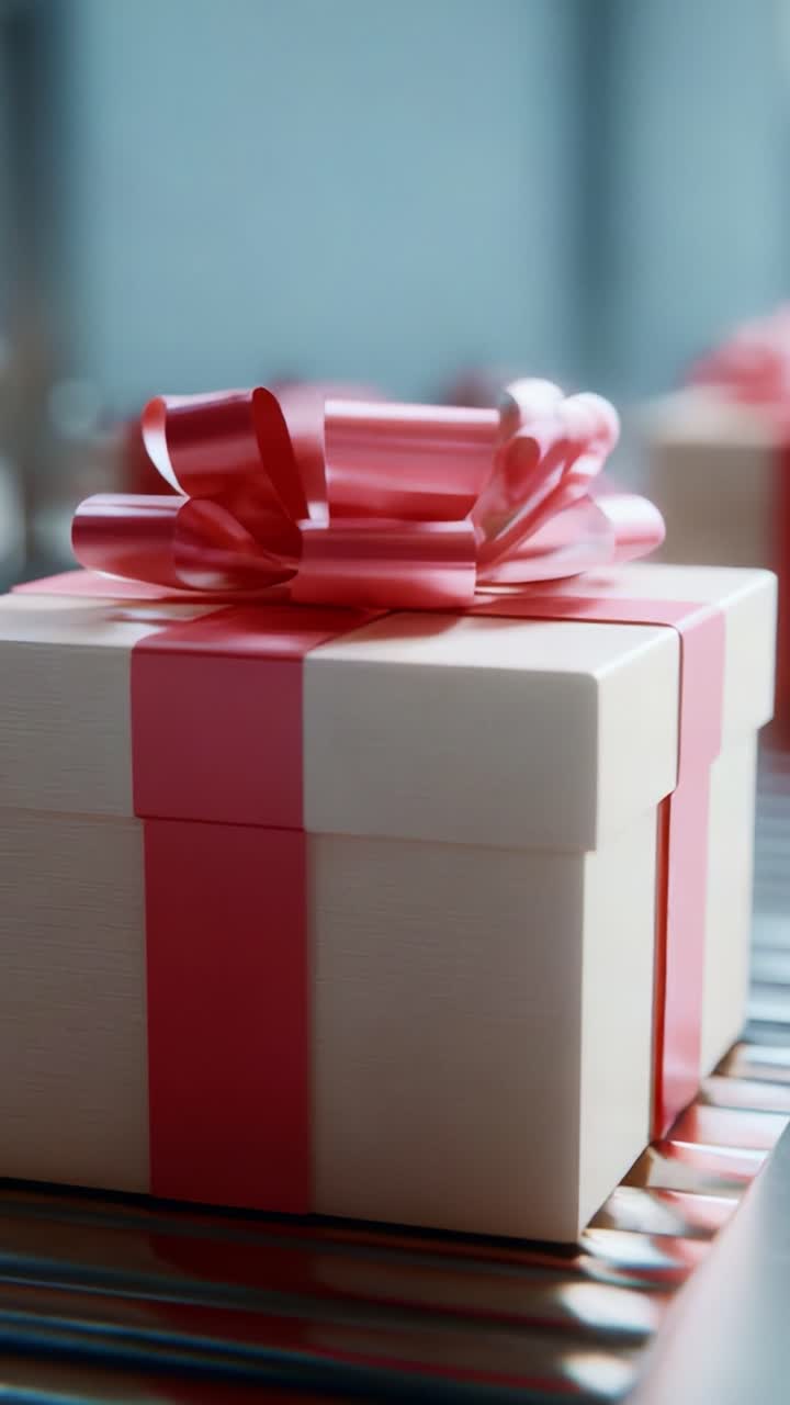 A beautifully wrapped gift box sits elegantly on a conveyor belt, adorned with a decorative pink ribbon and bow, showcasing the delight of surprise and celebration in gift-giving moments