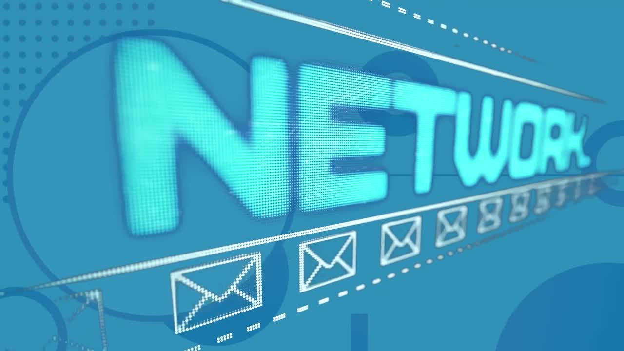 Animation of message icons and social networking text over abstract shapes on blue background