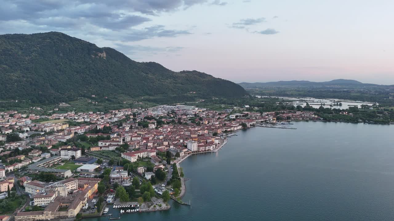 Town of Iseo on Lake D, Iseo Italy drone,aerial at dusk sunset