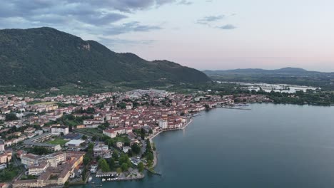 town of iseo on lake d, iseo italy drone,aerial at dusk sunset