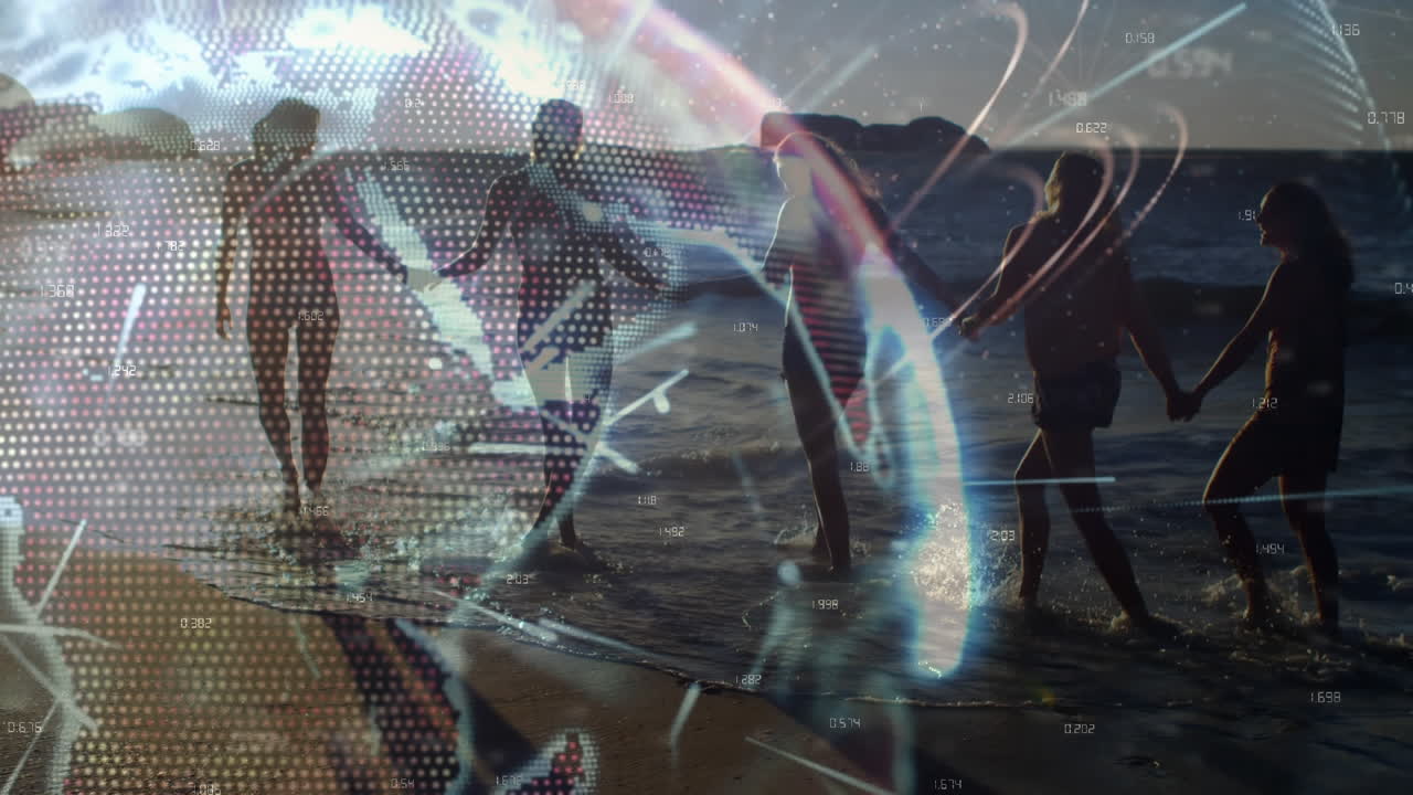 ⁇ 은 해변에서 손을 잡고  ⁇ 고 있는 여성 친구들 위에 빛나는 글로벌 네트워크의 애니메이션