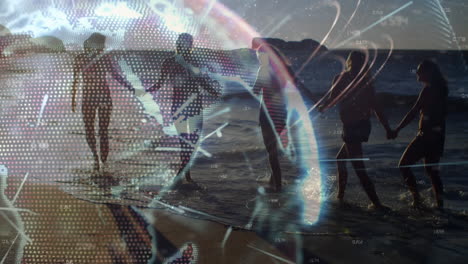 animación de una red global brillante sobre amigas tomadas de la mano caminando por una playa soleada
