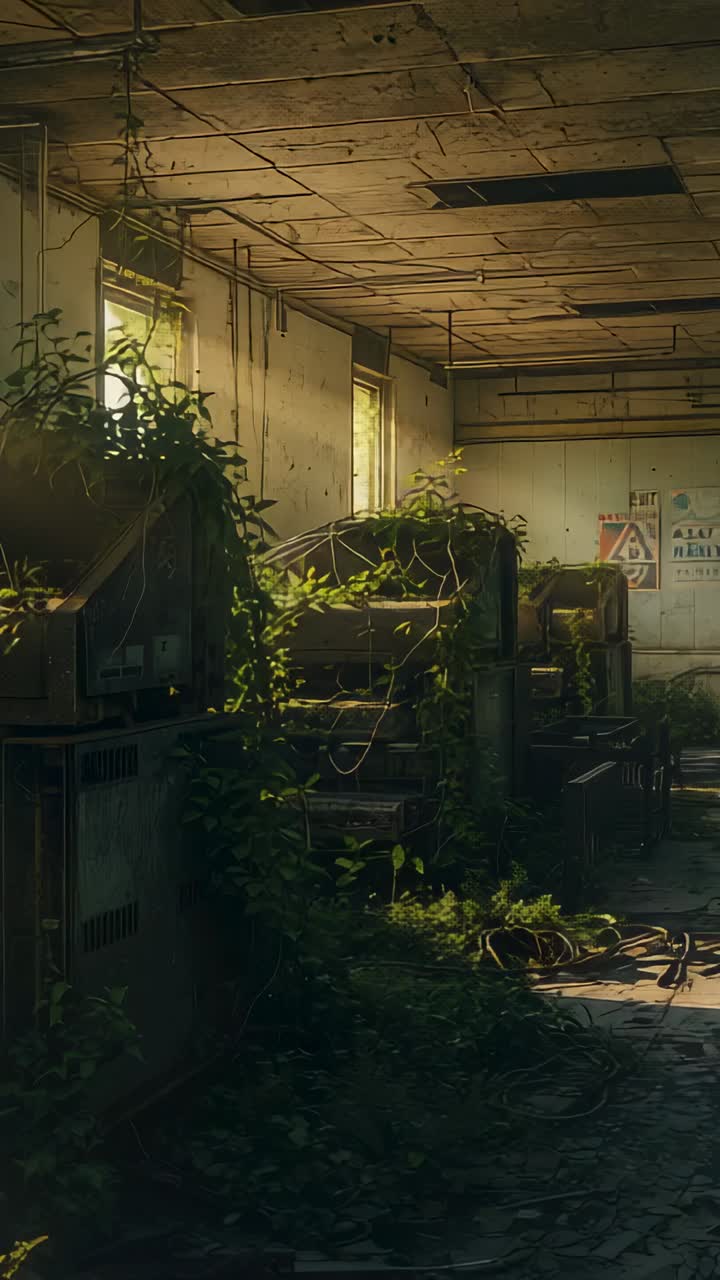 Vertical video: Panning camera revealing rusted machinery in control room, with cables and vines