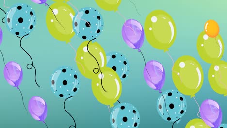 Animation-of-colourful-balloons-flying-on-green-background