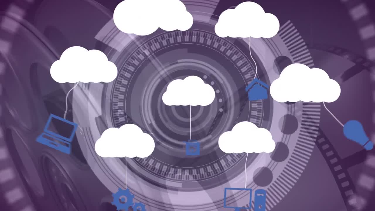 회전하는 원형 범위 위에 매달린 네트워크 아이콘과 함께 구름의 애니메이션