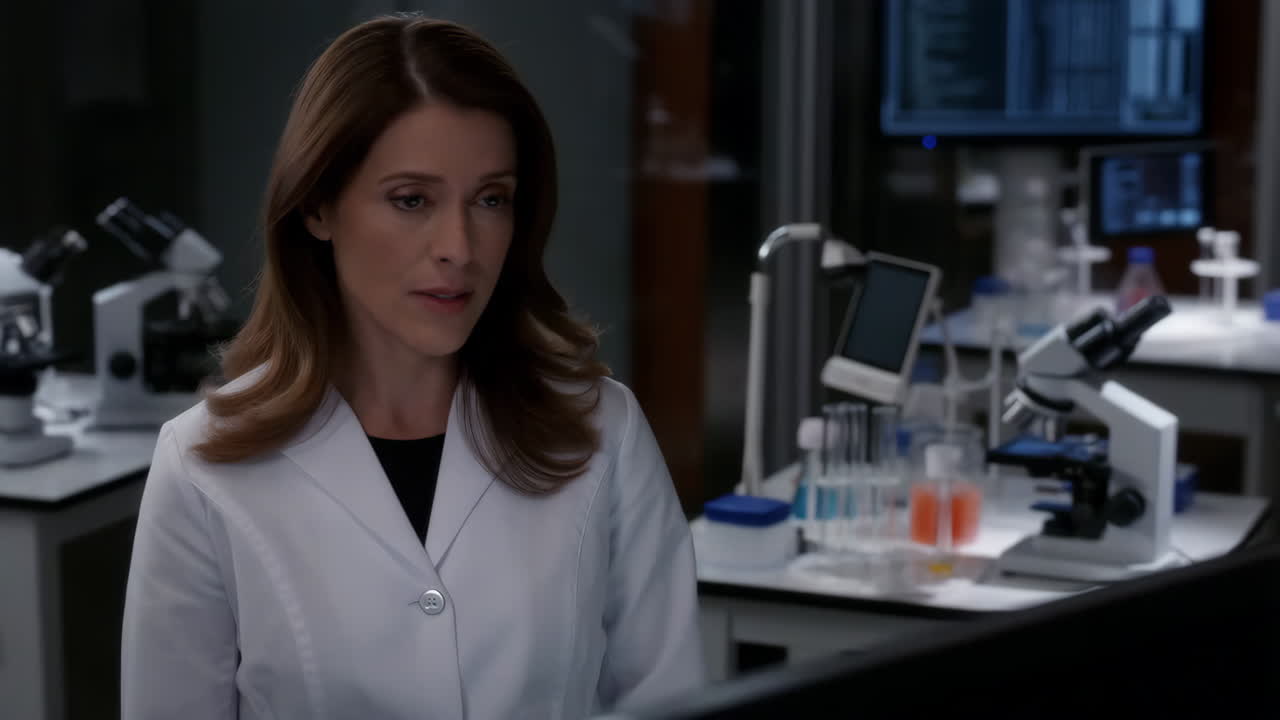 A woman in a lab coat in a laboratory setting