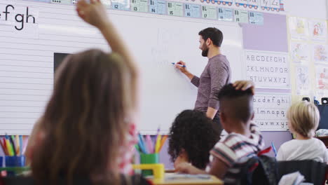 male teacher standing at whiteboard asking elementary pupils question in school classroom