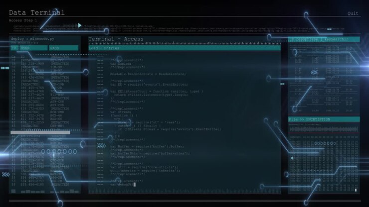 Animation of data processing on screens over computer motherboard