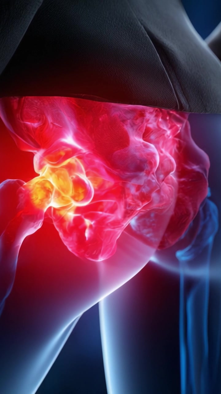 Visualizzazione Anatomica: Esplorando le complessità del bacino umano e dell'articolazione dell'anca, evidenziando l'interazione dinamica di muscoli e componenti strutturali