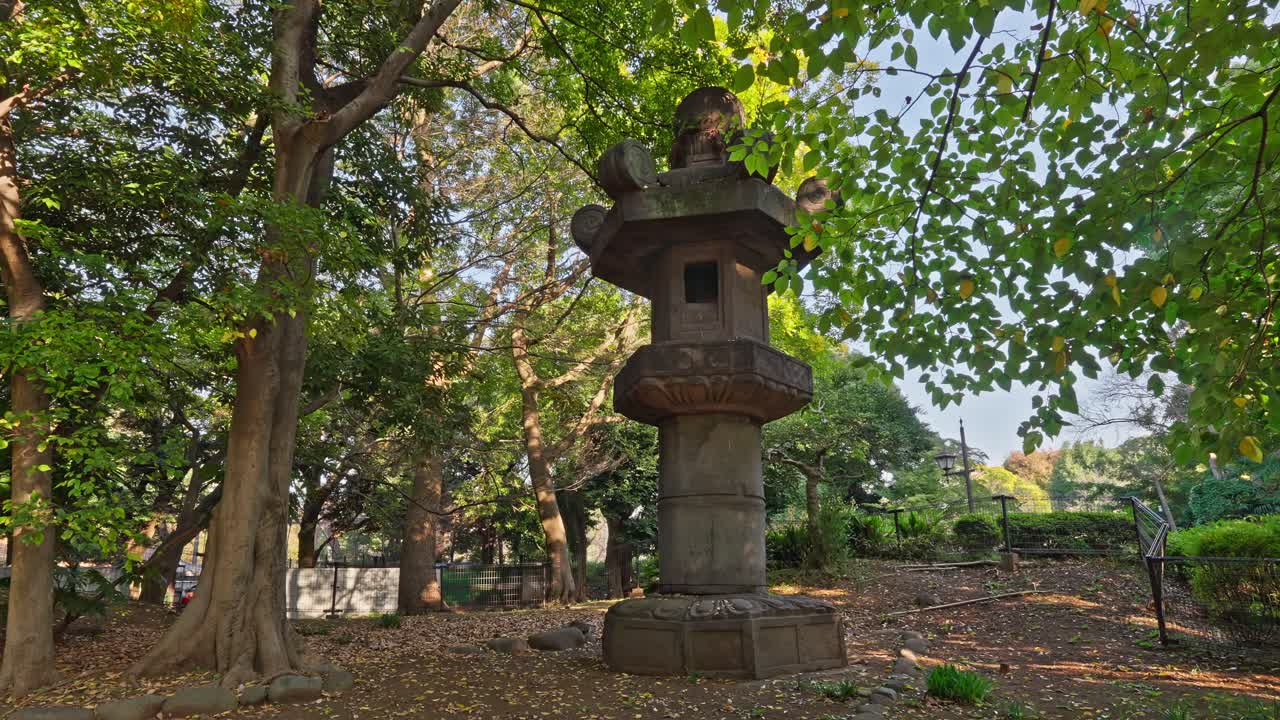 A weathered traditional Japanese stone lantern in Tokyo's Ueno Park. Sunlight filters through lush trees, highlighting fallen leaves and creating a tranquil, historic atmosphere.