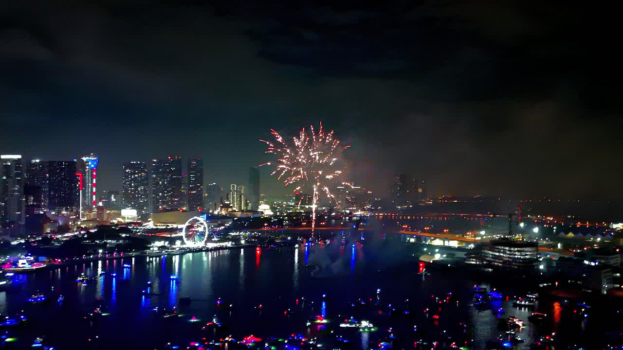 Dazzling fireworks captured from above as brilliant colors explode across the sky with the sparkling skyline illuminating the horizon