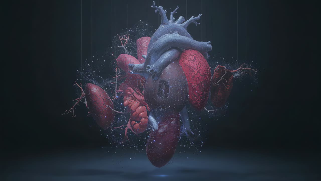 Rendering in 3D rotante di un modello di organi umani che fluttua in uno studio mentre la camera si avvicina, con un faro che mostra i vasi sanguigni blu