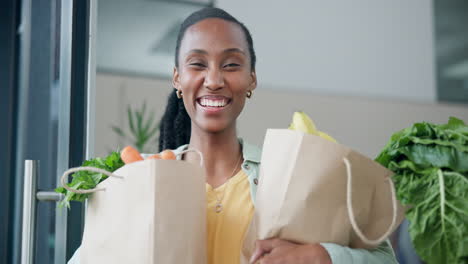 groceries, smile and face of a black woman