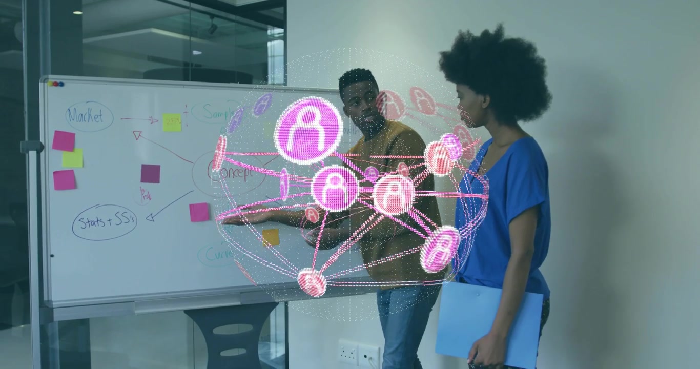 Man writing Market stats on board in business meeting linking pink hologram nodes circling team