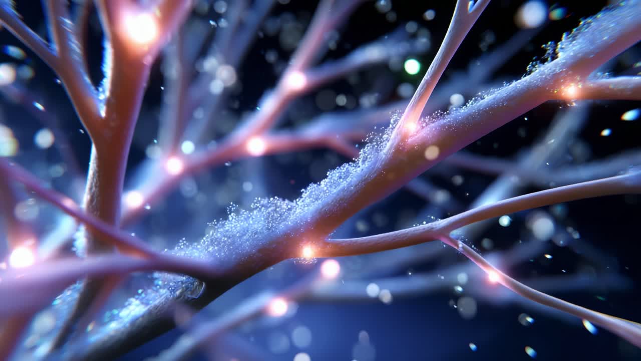 Intricate close-up of a luminous tree structure with sparkling snowflakes resting on its branches, creating an enchanting scene that evokes a sense of wonder and the beauty of nature in winter