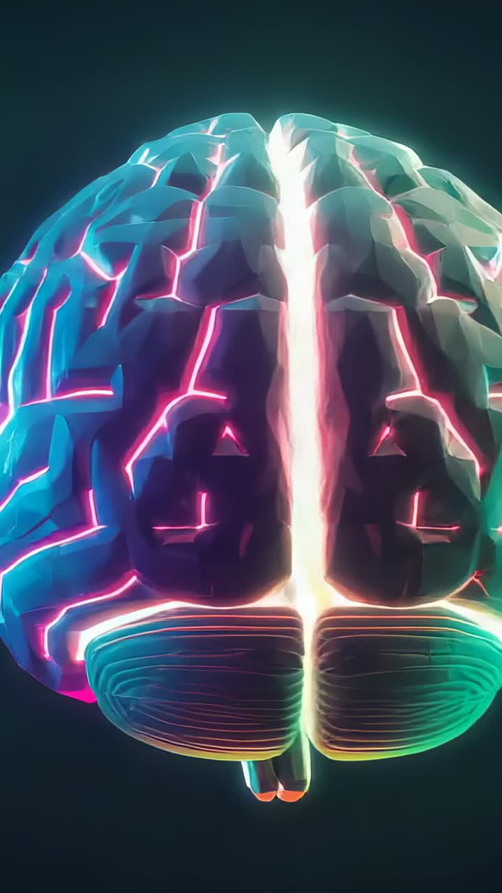 Vertical video: Starting rotation revealing sulci on low-poly brain, pink teal glow in art studio