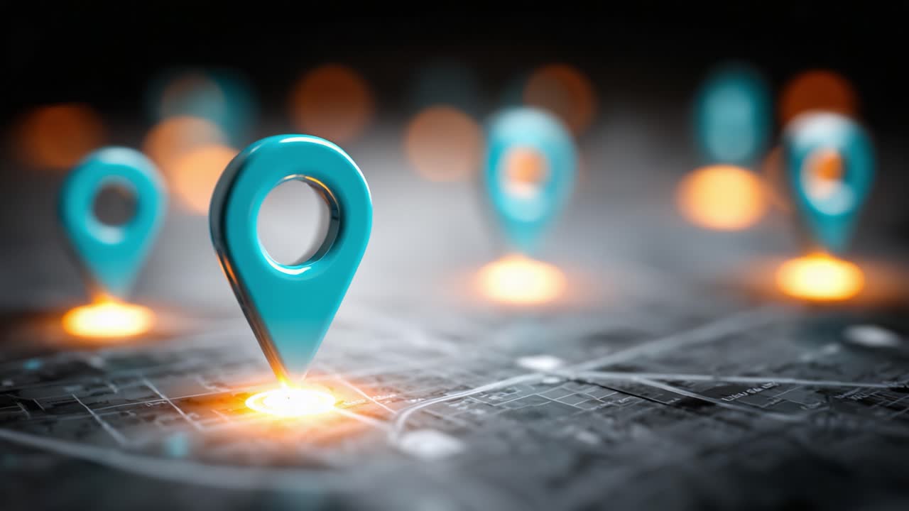 Visual Representation of Geolocation Markers: A Series of Vibrant Pin Icons Illuminating a Dark Grid Map, Signifying Navigation and Positioning in a Digital Environment