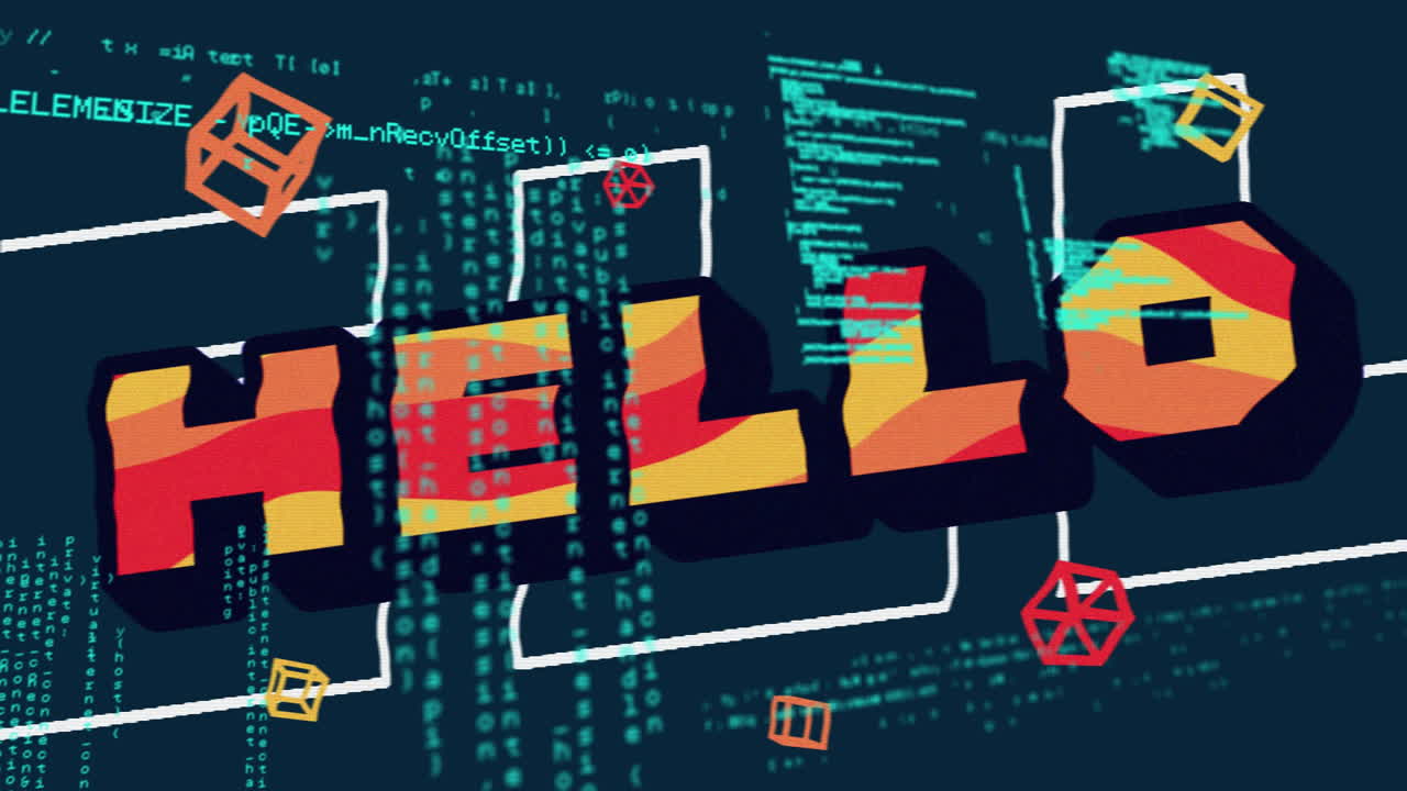 HELLO text in animation with geometric shapes over computer code backdrop