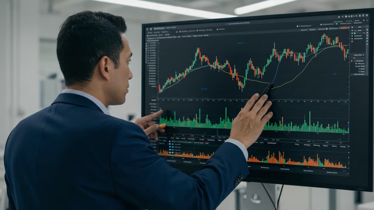 A Professional Analyzing Financial Data on a Large Monitor, Focusing on Market Trends and Chart Patterns in a Modern Office Setting