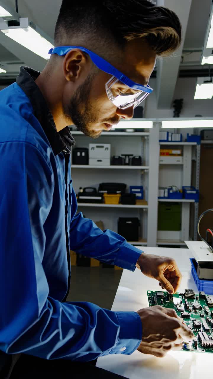 A man in safety glasses works on a circuit board in a tech lab. The video is shot from a side angle